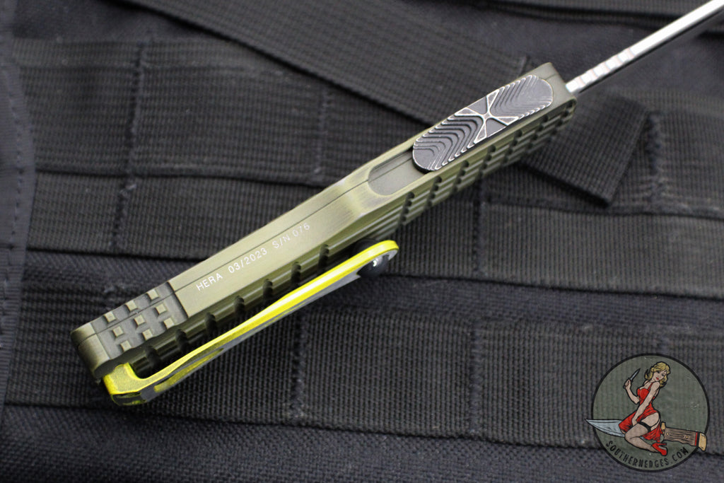 Microtech 703-12APFRGS Signature Series Hera OTF AUTO Knife 3.125  Apocalyptic Drop Point Blade, Grenade Green Frag Aluminum Handles -  KnifeCenter