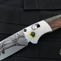 Benchmade Mini Crooked River- Artist Series- Duck-  Engraved Aluminum and Wood Scales- Stonewash Blade Ivory G-10 backspacer 15085-2203