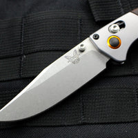 Benchmade Mini Crooked River Anodized Aluminum and Wood scales with Satin Blade Orange backspacer 15085-2