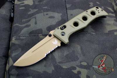 Benchmade Adamas- Flat Earth Part Serrated Brown Drop Point- Olive Drab G-10 Scales 275SFE-2