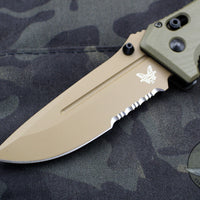 Benchmade Adamas- Flat Earth Part Serrated Brown Drop Point- Olive Drab G-10 Scales 275SFE-2