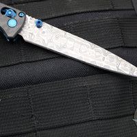 Benchmade Fact- Manual- GOLD CLASS- Spearpoint Nichols Intrepid Damascus Blade- Black Camo Fat Carbon Handle- Sapphire Blue PVD Finished Liners- Blue Hardware 417-232 SN 048/200