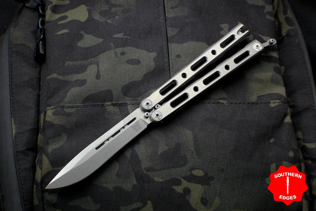Benchmade 85 Butterfly Balisong Drop Point Stonewash Blade and Titanium Handles 85