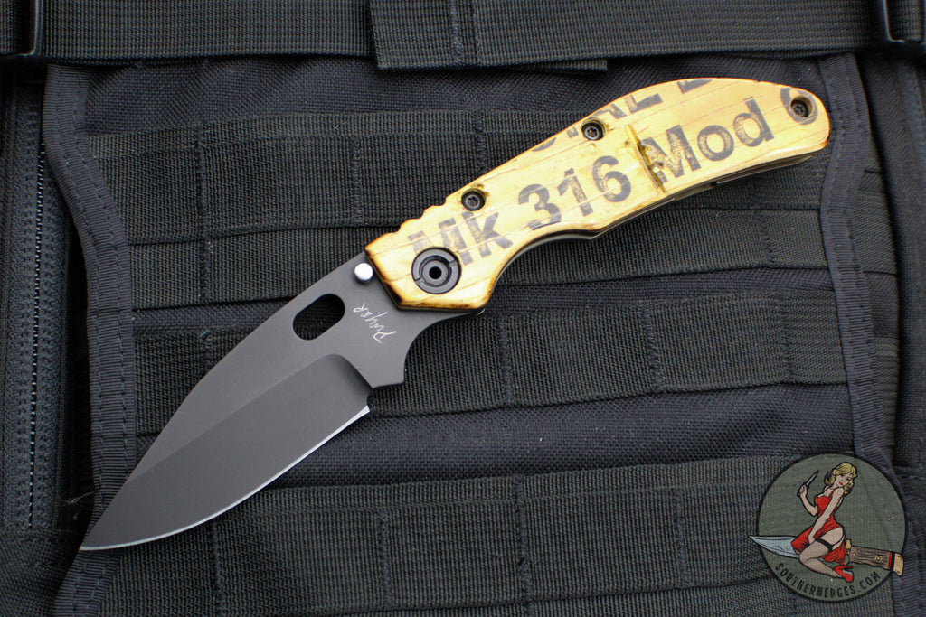 Duane Dwyer Custom Goods BBN-L custom folder MK 316 Mod 0 Wood Ordinance Crate Handle Black Bowie V-Grind Blade