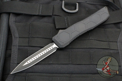 EOS Harpoon OTF Auto- Double Edge- Black Hex Pattern Handle With Two Tone Black Blade Finish- Black Backspacer and Clip