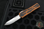 Heretic Colossus OTF Auto- Single Edge- Root Beer Handle- Stonewash Part Serrated Edge H039-2B-RB