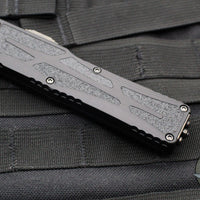 Heretic Colossus OTF Auto- Double Edge- Black Handle with Fat Carbon Snakeskin Button inlay- Hand Ground Black DLC Finished Blade SN075