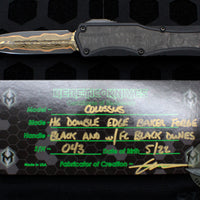 Heretic Custom Colossus OTF Auto- Double Edge- Black with Fat Carbon Black Dunes Inlay- Baker Forge Damascus Blade