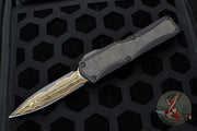 Heretic Custom Colossus OTF Auto- Double Edge- Black with Fat Carbon Black Dunes Inlay- Baker Forge Damascus Blade