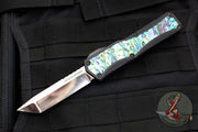 Heretic Custom Colossus OTF Auto- Tanto Edge- Black Handle with Abalone Inlay- Cracked Ice Finished Blade