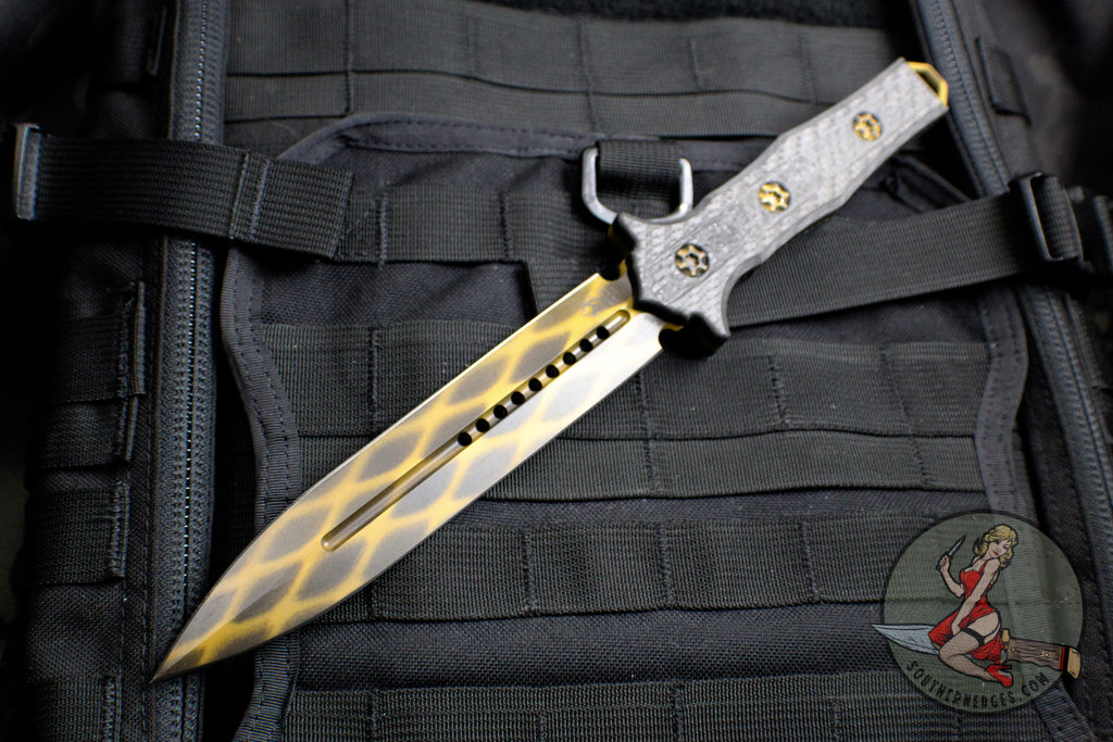 Heretic Nephilim Double Edge Fixed Blade - Camo Ti-Nitride with Carbon Fiber Scales H003-13A-CF