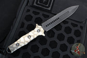 Heretic Nephilim Double Edge Fixed Blade - DLC Black Full Serrated Blade with Flamed Titanium Scales H003-6C-FTI