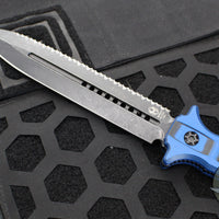 Heretic Nephilim Double Edge Fixed Blade Knife - Double Edge- Battleworn Black Full Serrated Blade with Blue/Black G-10 Scales H003-8C-BLU/BLK