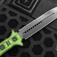 Heretic Nephilim Double Edge Fixed Blade Knife - Double Edge- Battleworn Black Full Serrated Blade with Green/Black G-10 Scales H003-8C-GRN/BLK