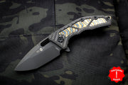 Heretic Knives Medusa Flipper Knife Carbon Fiber Handle with Black DLC Tanto Edge Flamed Titanium Inlay H009-6A-CF/FTi