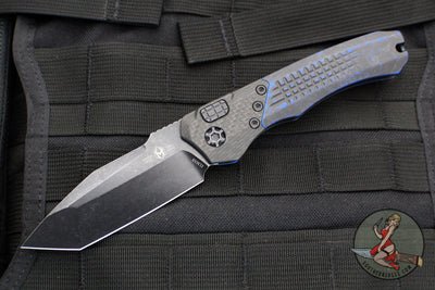 Heretic Wraith OTS Auto- Tanto Edge- Breakthrough Blue Handle With Carbon Fiber Bolster- Black Battleworn Blade H100-8A-BRKBLU