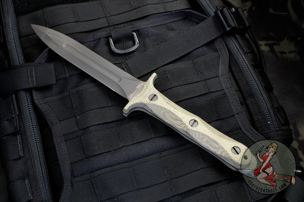 Hinderer Knives EK Dagger Fixed Blade- 3V- DLC Black with OD Green Micarta Handles