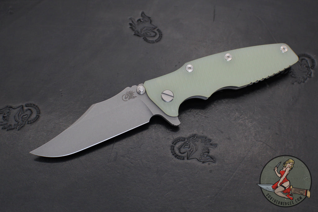 Hinderer Eklipse 3.5"- Bowie Blade- Working Finish Ti and Blade- Translucent Green G-10