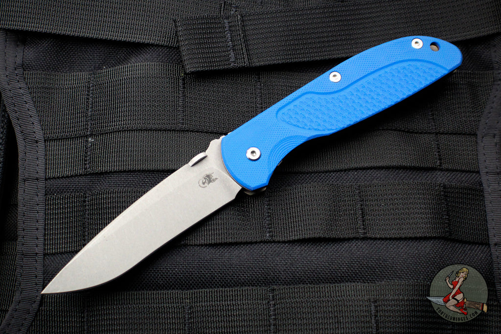 Hinderer Firetac Recurve Edge 3.6" Folding Knife Blue G-10 with Battle Bronze Ti Lock Side and Working Finish Blade