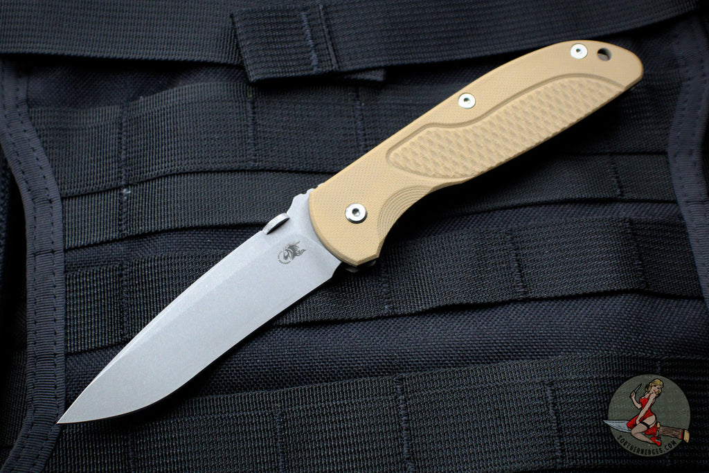 Hinderer Firetac Recurve Edge 3.6" Folding Knife Coyote G-10 with Battle Bronze Ti Lock Side and Working Finish Blade