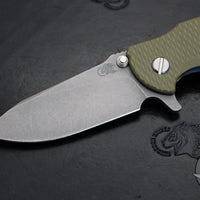 Hinderer Jurassic- Slicer- Battle Blue Ti And OD Green G-10 Handle- Working Finish Blade- Magnacut Steel