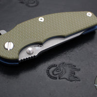 Hinderer Jurassic- Slicer- Battle Blue Ti And OD Green G-10 Handle- Working Finish Blade- Magnacut Steel