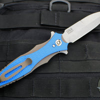 Hinderer Maximus Flipper Knife- Bayonet Edge- Battle Bronze Ti and Working Finish Blade- Blue G-10