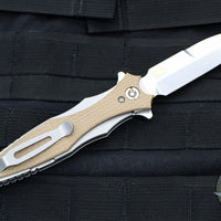 Hinderer Maximus Folding Knife- Bayonet Edge- Stonewash Finish Ti and Blade- Coyote G-10- Tri-Way System