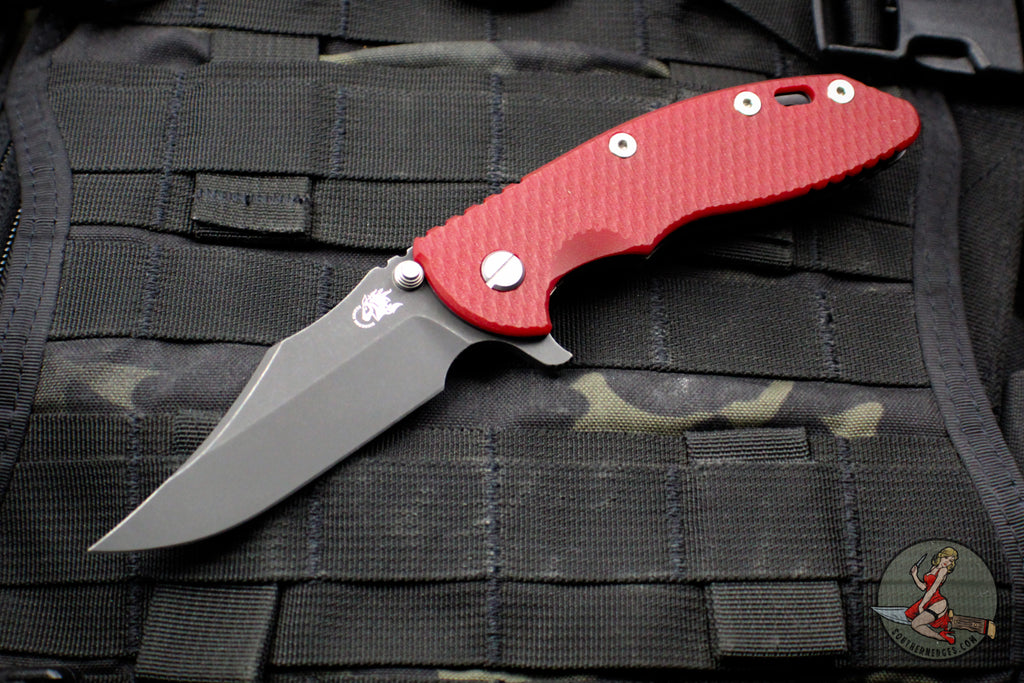 Hinderer XM-18 3.5" Bowie Battle Black DLC Handle with Red G-10 and Battle Black DLC Finished Blade Gen 6 Tri-Way Pivot System