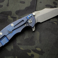 Hinderer XM-18 3.5" Bowie Grey G-10, Battle Blue Handle Working Finish Blade Gen 6 Tri-Way Pivot System