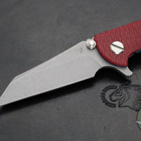Hinderer XM-18 3.0" Wharncliffe- Battle Blue Titanium And Red G-10- Working Finish Blade