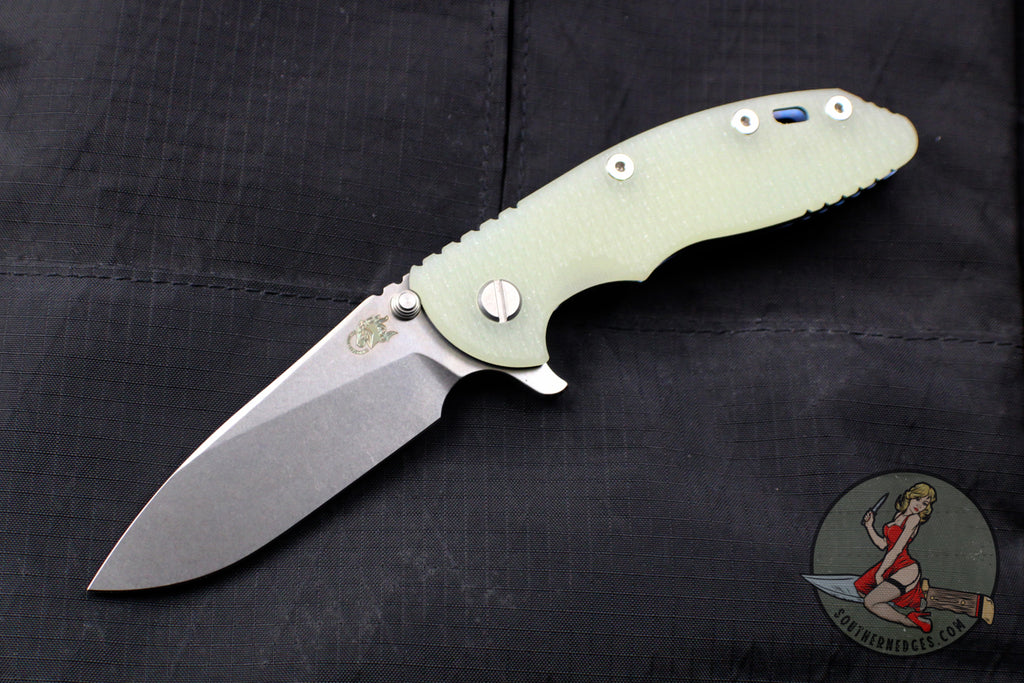 Hinderer XM-18 3.5" Translucent Green G-10 Slicer Edge Stonewash Blue Finish Stonewash Blade Gen 6 Tri-Way Pivot System