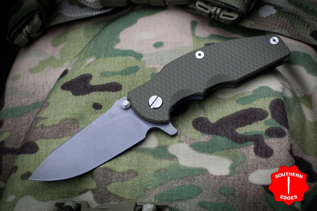 Hinderer Jurassic Slicer OD Green G-10 Slicer 3.375" Working Finish Blade Gen 6 Tri-Way Pivot System