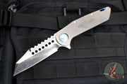 Marfione Custom Warhound Folder- Stonewash Titanium Handle- Deep Engraved Logo- Two-Tone Stonewash Blade- Blue Hardware 391-MCK TTSWBL