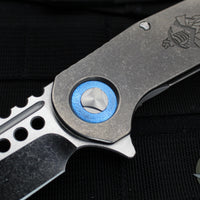 Marfione Custom Warhound Folder- Stonewash Titanium Handle- Deep Engraved Logo- Two-Tone Stonewash Blade- Blue Hardware 391-MCK TTSWBL