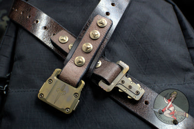 Marfione Custom Knives APIS Leather Belt @ SRKT Dark Brown Water Buffalo  Leather Bronze Titanium Buckle & Hardware