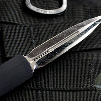Marfione Custom Dirac Black Double Edge OTF Knife Cracked Ice Mirror Polish Blade Ringed Blue HW 504-MCK CRHPBL