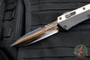 Marfione Custom OTF Knife- Glycon- Bayonet Edge- Black Hefted Chassis With Stippled Copper Overlay- Hot Blued Baker Forge Tiger Mai Damascus Blade SN12