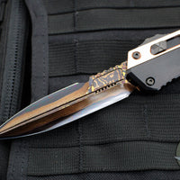 Marfione Custom OTF Knife- Glycon- Bayonet Edge- Black Hefted Chassis With Stippled Copper Overlay- Hot Blued Baker Forge Tiger Mai Damascus Blade SN12