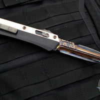 Marfione Custom OTF Knife- Glycon- Bayonet Edge- Black Hefted Chassis With Stippled Copper Overlay- Hot Blued Baker Forge Tiger Mai Damascus Blade SN13