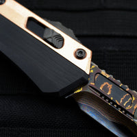 Marfione Custom OTF Knife- Glycon- Bayonet Edge- Black Hefted Chassis With Stippled Copper Overlay- Hot Blued Baker Forge Tiger Mai Damascus Blade SN13