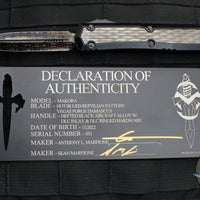 Marfione Custom Makora- Double Edge- Black with DLC Finished Metal Inlay- Vegas Forge Hot Blued Reptilian Damascus Blade