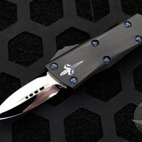 Marfione Custom Mini Troodon- Double Edge- Black Handle with Mirror Polished Blade- Blue Ringed HW SN07
