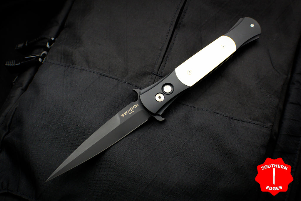 Protech Large Don "Tuxedo" Black Handle with Ivory Micarta Inlay Black Blade and Satin Hardware 1952