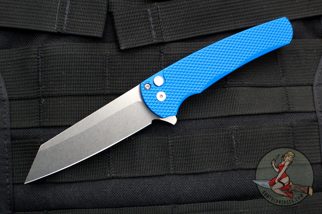 Protech Malibu Flipper-Texas Blade Show 2022 Limited Edition of 200- Blue Textured Handle with a Reverse Tanto Stonewash Blade 5205-BLUE