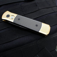 Protech- Godson Out The Side Auto (OTS)- Stonewashed Bronze Aluminum Handle- Carbon Fiber Inlay- Black DLC Blade- MOP Inlaid Button 7115
