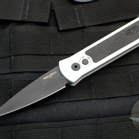 Protech Godson Out The Side Auto (OTS) - Silver Handle Greg- Stevens Design Black Leather Inlay- Black Blade 7GSD-2