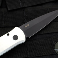 Protech Godson Out The Side Auto (OTS) - Silver Handle Greg- Stevens Design Black Leather Inlay- Black Blade 7GSD-2