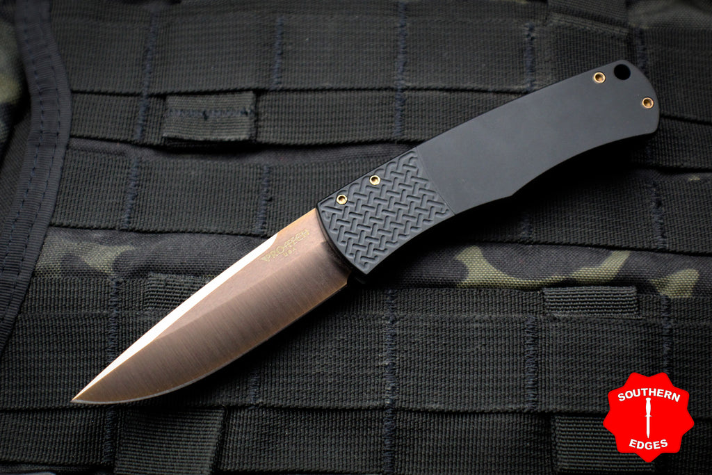 Protech Magic "Whiskers" Out The Side (OTS) Auto Hidden Bolster Release Knife Textured Black Body Rose Gold Blade and HW BR-1 RG