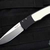 Protech Magic "Whiskers" Tuxedo Black W/ White Micarta Inlay Out The Side (OTS) Auto Hidden Bolster Release Knife Stonewash Blade BR-1.51